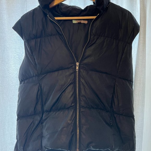 HALOGEN down/ feather zipper vest with cap sleeves and zipper hood, sz L - Picture 1 of 4
